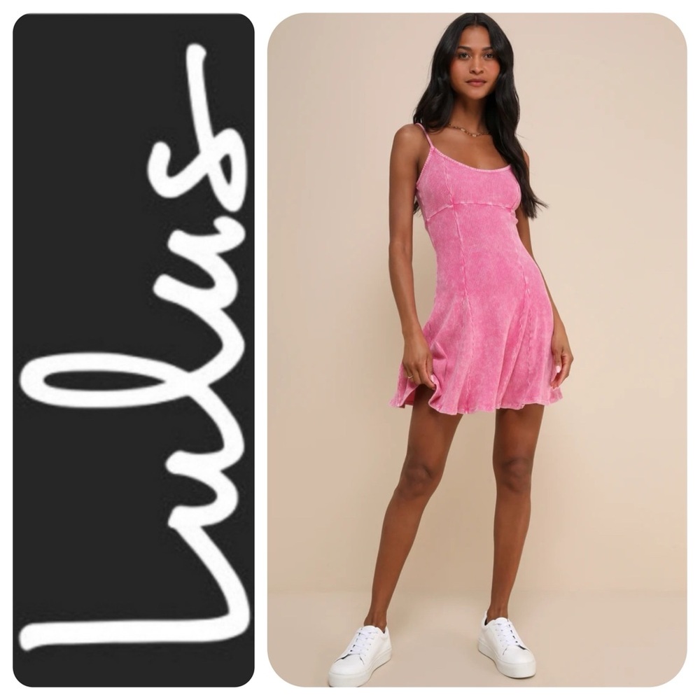 Lulu's Simply Pretty Washed Pink Ribbed Pleated Sleeveless Mini Dress, L - NWT